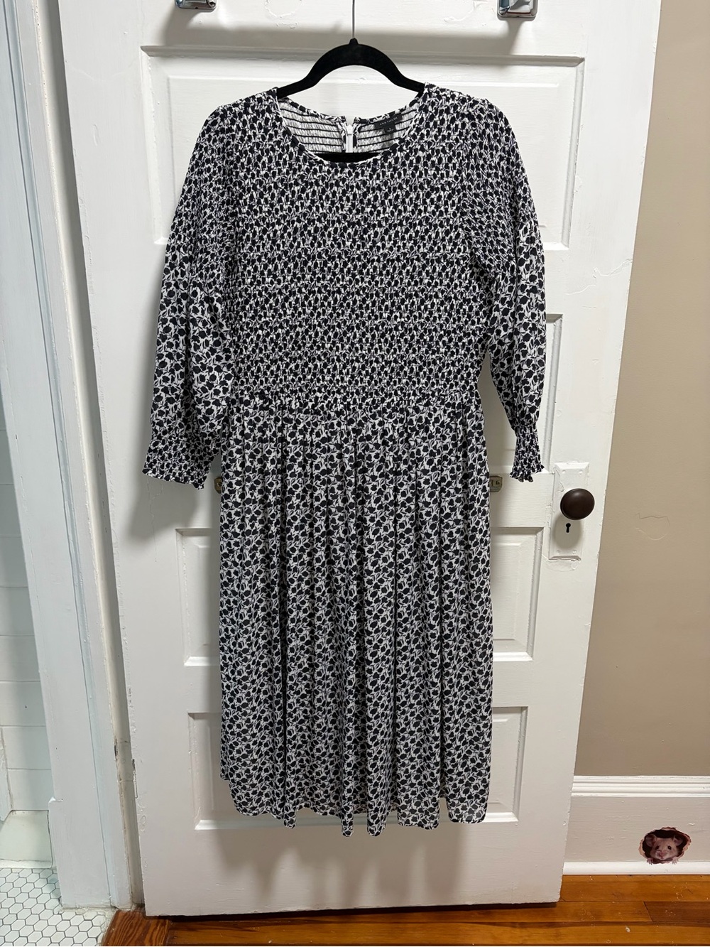 Ann Taylor Navy and White Floral Smocked Midi Dress